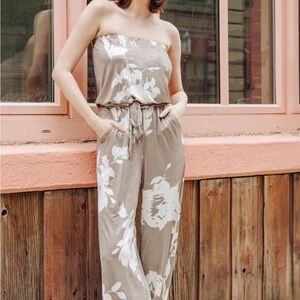 CLARA SUNWOO Taupe Floral Wide Leg Jumpsuit.  NWOT